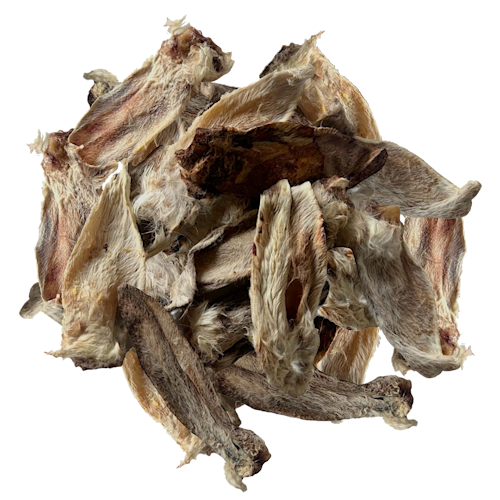 Handmade, artisan dehydrated rabbit dog treats packaged by Axiom Heritage Animal Co. in BC.